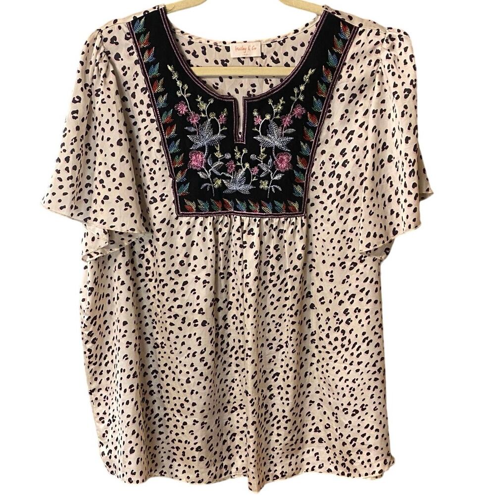 Hailey & Co 2XL Boho Embroider Animal Print Flutter Sleeve Tunic Top Made in USA